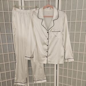 White Satin Long Sleeve Pajama Set with Black Trim